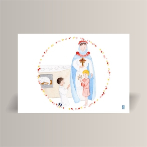 aquarelle de la boutique un ours dans l'atelier représentant la vierge marie et jesus donnant la communion à un jeune homme