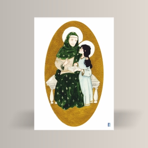 aquarelle de la boutique un ours dans l'atelier représentant une icône avec sainte anne enseignant à la jeune vierge marie