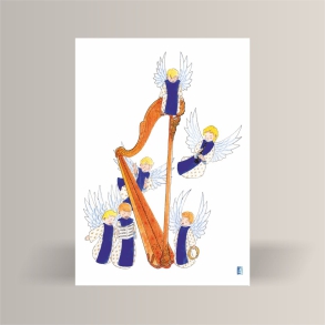 aquarelle de la boutique un ours dans l'atelier représentant des angelots musiciens autour d'une grande harpe